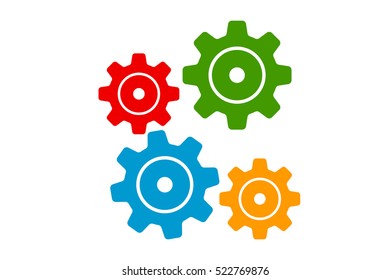 Vector illustration of colored gears isolated on a light background. Icon with cogs. Mechanical Circuits. Wheels for the workspace. Details of the working mechanism, the assembly line. Colorfull staff