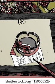Vector illustration of colored hand drawn abstract ashtray, paintbrush and note / bill on the wooden table.