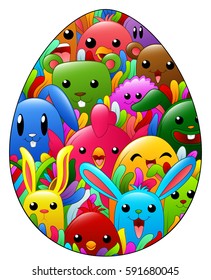 Vector illustration of Colored hand drawn ornamental easter egg with doodle pattern with cute cartoon elements. Funny rabbits, birds, bears and creature
