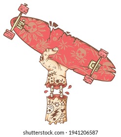 Vector illustration, colored, handmade, in cartoon style, with stripped strokes, of zombie hand holding a skateboard.
Art for t-shirts, posters and etc ...