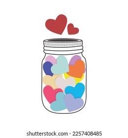 Ilustración vectorial de la señal coloreada del corazón en un frasco de vidrio. Para impresión romántica, tarjeta de San Valentín.