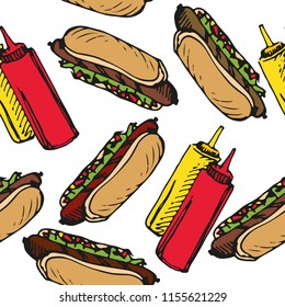 Vector illustration of colored hot dog with ketchup and mustard in black ink lines pattern