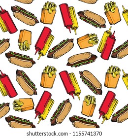 Vector illustration of colored hot dog meal with french fries, ketchup and mustard in black ink lines colored pattern