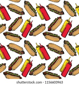 Vector illustration of colored hot dog with ketchup and mustard in black ink lines pattern