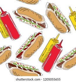 Vector illustration of colored hot dog with ketchup and mustard in black ink lines pattern