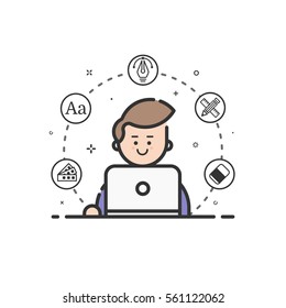 Ilustração vetorial de ícone colorido em estilo de linha plana. Linear homem bonito e feliz com laptop. Conceito de design gráfico de uso de designer gráfico em Projeto Web e Applications Outline objeto isolado.