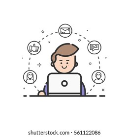 Vector illustration of colored icon in flat line style. Linear cute and happy man with laptop. Graphic design concept of social networking in Web Project and Applications Outline isolated object.