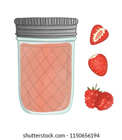 Vector illustration of colored jar with berry jam. Raspberry, strawberry, cherry, pot with marmalade isolated on white background. Watercolor effect