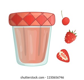 Vector illustration of colored jar with berry jam. Raspberry, strawberry, cherry, pot with marmalade isolated on white background. Watercolor effect