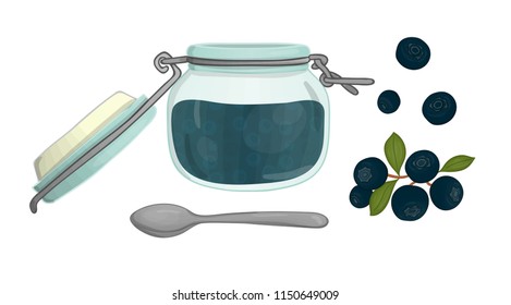 Vector illustration of colored jar with blueberry jam. Blueberry, pot with marmalade, spoon isolated on white background. Watercolor effect