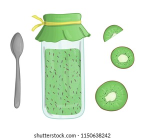 Vector illustration of colored jar with kiwi jam. Kiwi piece, pot with marmalade, spoon isolated on white background. Watercolor effect