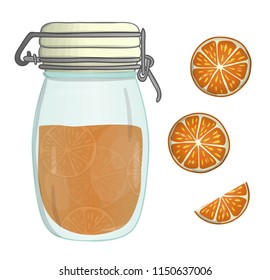 Vector illustration of colored jar with orange jam. Orange piece, pot with marmalade, isolated on white background. Watercolor effect