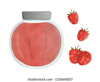 Vector illustration of colored jar with raspberry jam. Raspberry, pot with marmalade isolated on white background. Watercolor effect