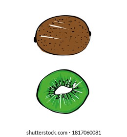 Ilustración vectorial de un kiwi coloreado sobre un fondo blanco aislado. Compra boceto, pancarta, menú y logotipo.