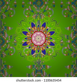 Vector illustration. Colored mandala on green, blue and neutral colors. Rich ethnic striped seamless pattern geometric design. Mandala style.