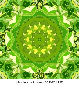 Vector illustration. Colored mandala on green, beige and yellow colors. Mandala style. Rich ethnic striped seamless pattern geometric design.