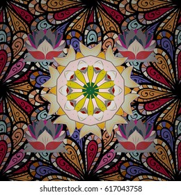 Vector illustration. Colored mandala on colorful background. Mandala style. Rich ethnic striped seamless pattern geometric design.