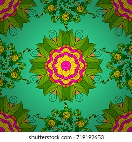 Vector illustration. Colored mandala on green, yellow and magenta colors. Mandala style. Rich ethnic striped seamless pattern geometric design.