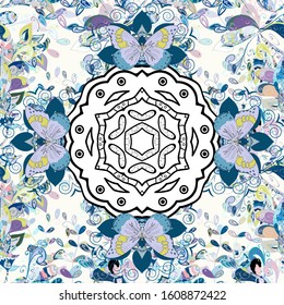 Vector illustration. Colored mandalas element. Blue, white and neutral colors.