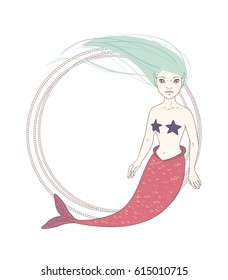 Vector illustration with colored mermaid. Card, banner with frame and space for text
