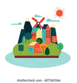 Vector illustration. Colored, minimalist city.