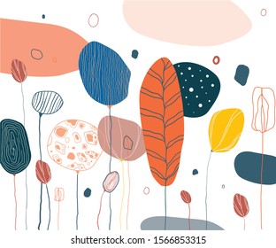 Vector illustration with colored modern flowers and leaves. Drawn in a modern artistic style, perfect for the original background, print for fabric, covers, cards, etc.