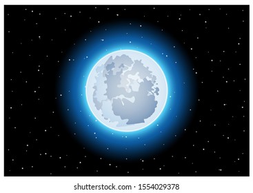 Vector illustration with colored moon and stars on black sky.
