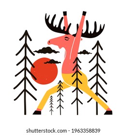 Vector illustration with colored moose in yellow pants with sun and pine trees. Trendy print design with animal and nature forest landscape