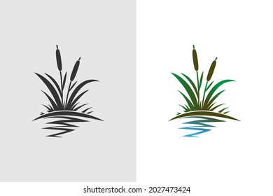 Vector illustration of a colored and one-color bush of cattail, reeds with reflection in the water. River coastal vegetation.