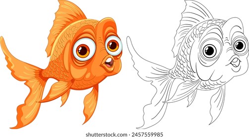 Vector illustration of a colored and outlined goldfish.