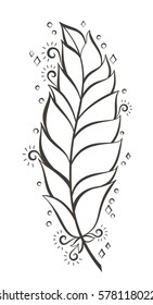 Vector illustration: colored page with decorative bird feather black contour isolated on white background.