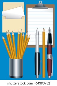 Vector illustration. Colored painted stationery, envelopes, pencils, tablet, pens