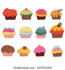 Vector illustration of colored pastries isolated on white background.