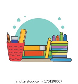 ilustración vectorial de lápices, libros y estuches de colores