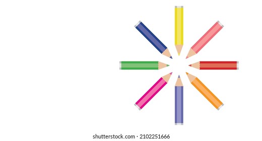
Ilustración vectorial de los lápices de colores en un círculo. Conjunto de lápices para ilustraciones, arte, aprendizaje. Listo para las cosas de la escuela.