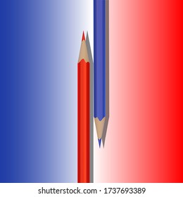 Ilustración vectorial de la confrontación de lápices de colores entre rojo y azul