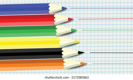 
Vector illustration of colored pencils lined up on the left. Basic colours. Colored crayon trace. Background behind colored pencils formed by illustration of paper with a squared pattern.
