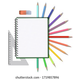 Vector illustration colored pencils notebook in a cage, Notepad and ruler square with elastic band