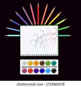 Vector illustration colored pencils notebook in a cage, paint with a brush