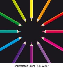 Vector illustration of colored pencils on a black background.
