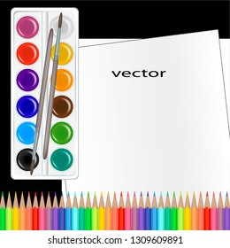 Vector illustration of colored pencils and paint laid on the surface of the table. Landscape sheets set to draw on paper