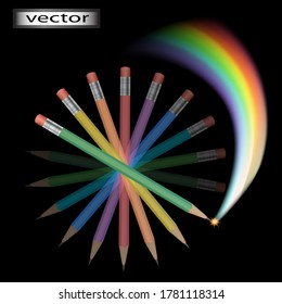 Lápices de colores y arcoíris ilustrados por vectores