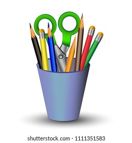 vector illustration, colored pencils and scissors in a blue glass, school supplies