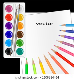 Vector illustration of colored pencils are a semi-circle pointing to the center and paint laid on the surface of the table. Landscape sheets set to draw on paper.