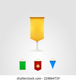 Vector illustration of colored pennants. Set of colorful different shapes pennants. Isolated vector illustrations on gray background.