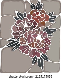Vector illustration colored peonies like a stone with a white outline
