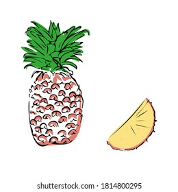 Vector illustration of a colored pineapple on a white isolated background. Shop sketch, banner, menu, and logo. EPS 10
