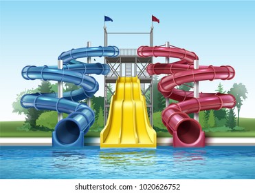 Vector illustration of colored plastic water slides with pool in outdoor aqua park. Isolated, front view