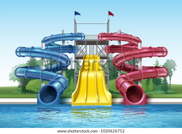 Vector illustration of
colored plastic water slides with pool in outdoor aqua park.
Isolated, front view