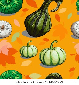Vector illustration of colored pumpkins and autumn leaves on a seamless pattern.